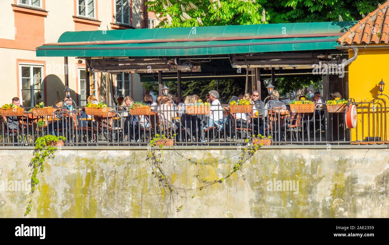 Alfresco restaurant and bar by The Čertovka canal Lesser Town Prague Czech Republic. Stock Photo