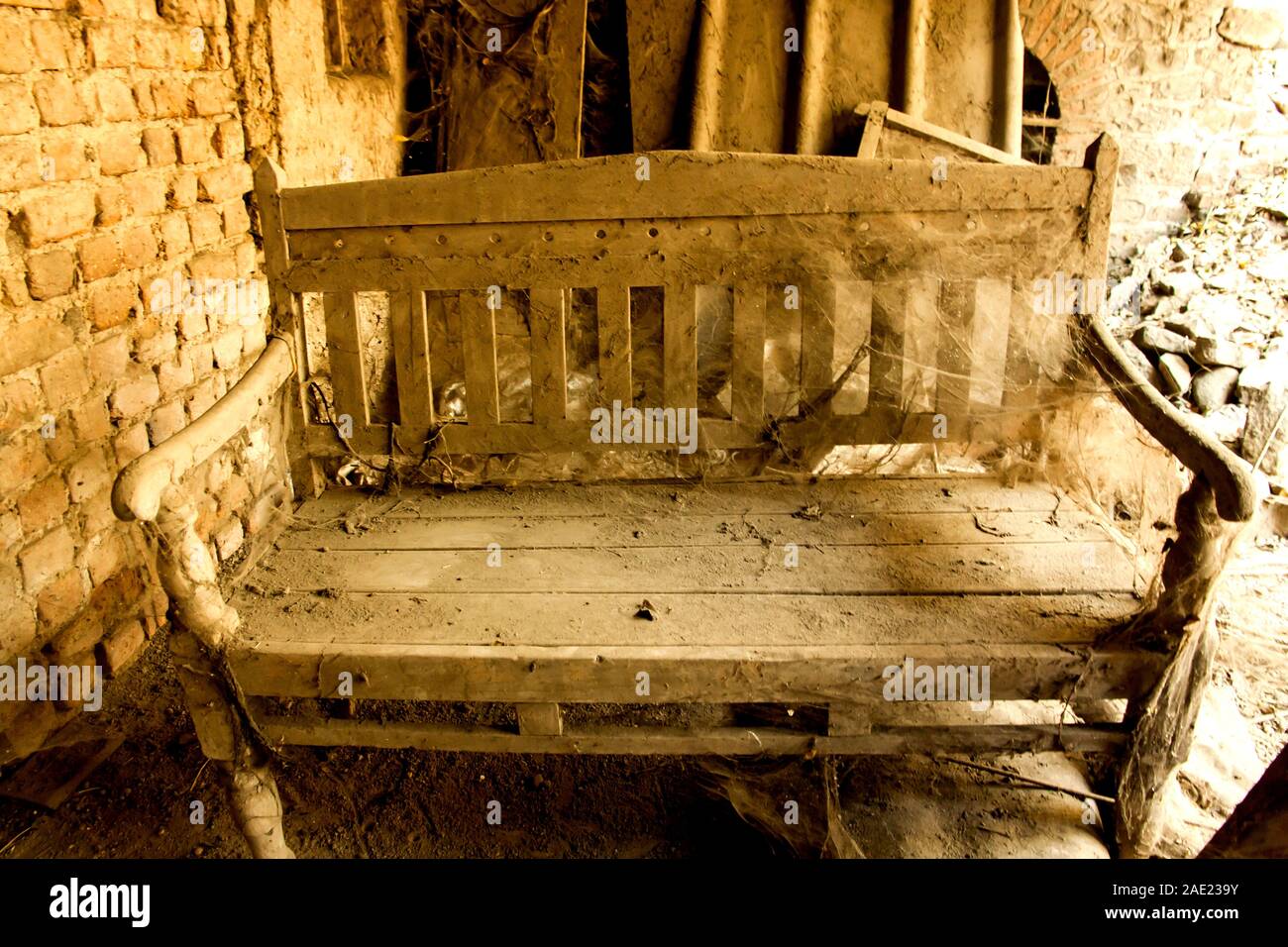 Wooden sofa, Shree Krishna Niwas, abandoned house, Sangli, Maharashtra, India, Asia Stock Photo