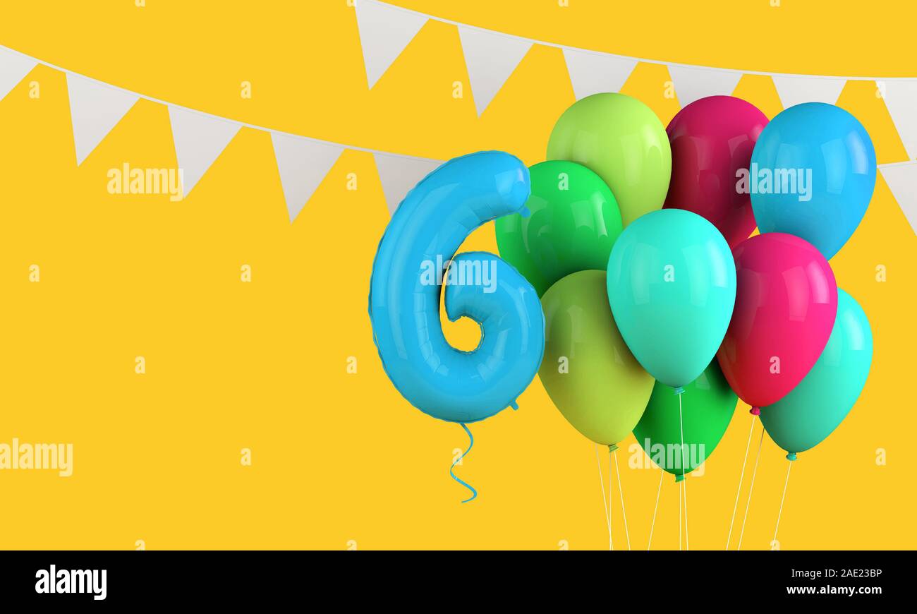 Happy 6th birthday colorful party balloons and bunting. 3D Render Stock ...