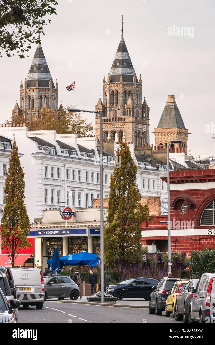 London, UK. View of the Natural History Museum towers and South Kensington underground station