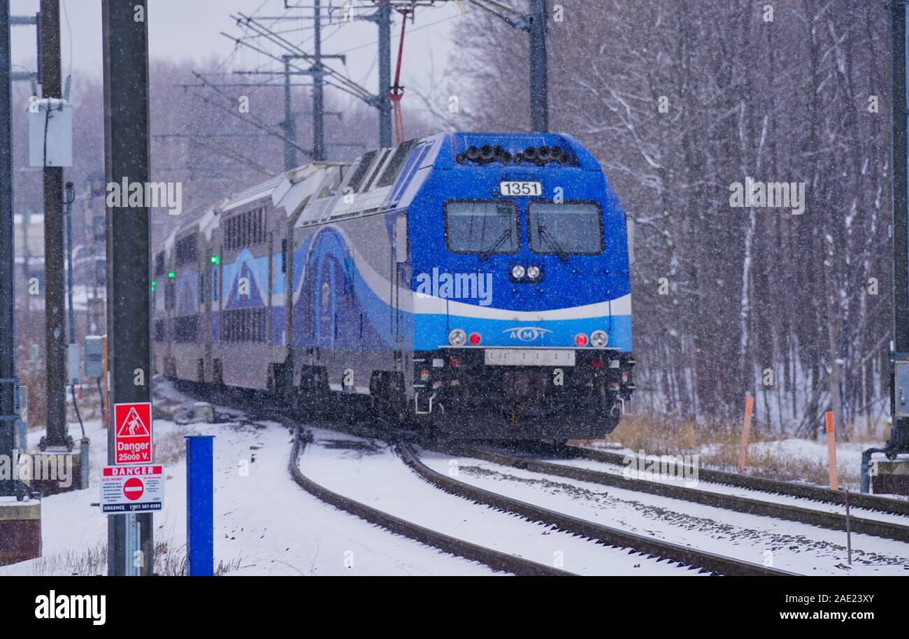 DeuxMontagnes,Quebec,Canada,December 5,2019.EXO commuter train in Deux