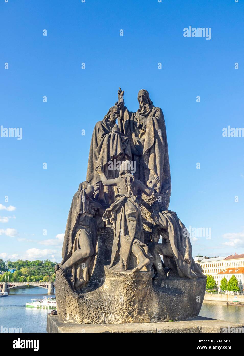 Replica statues of Saints Cyril and Methodius on the Charles Bridge Prague Czech Republic. Stock Photo