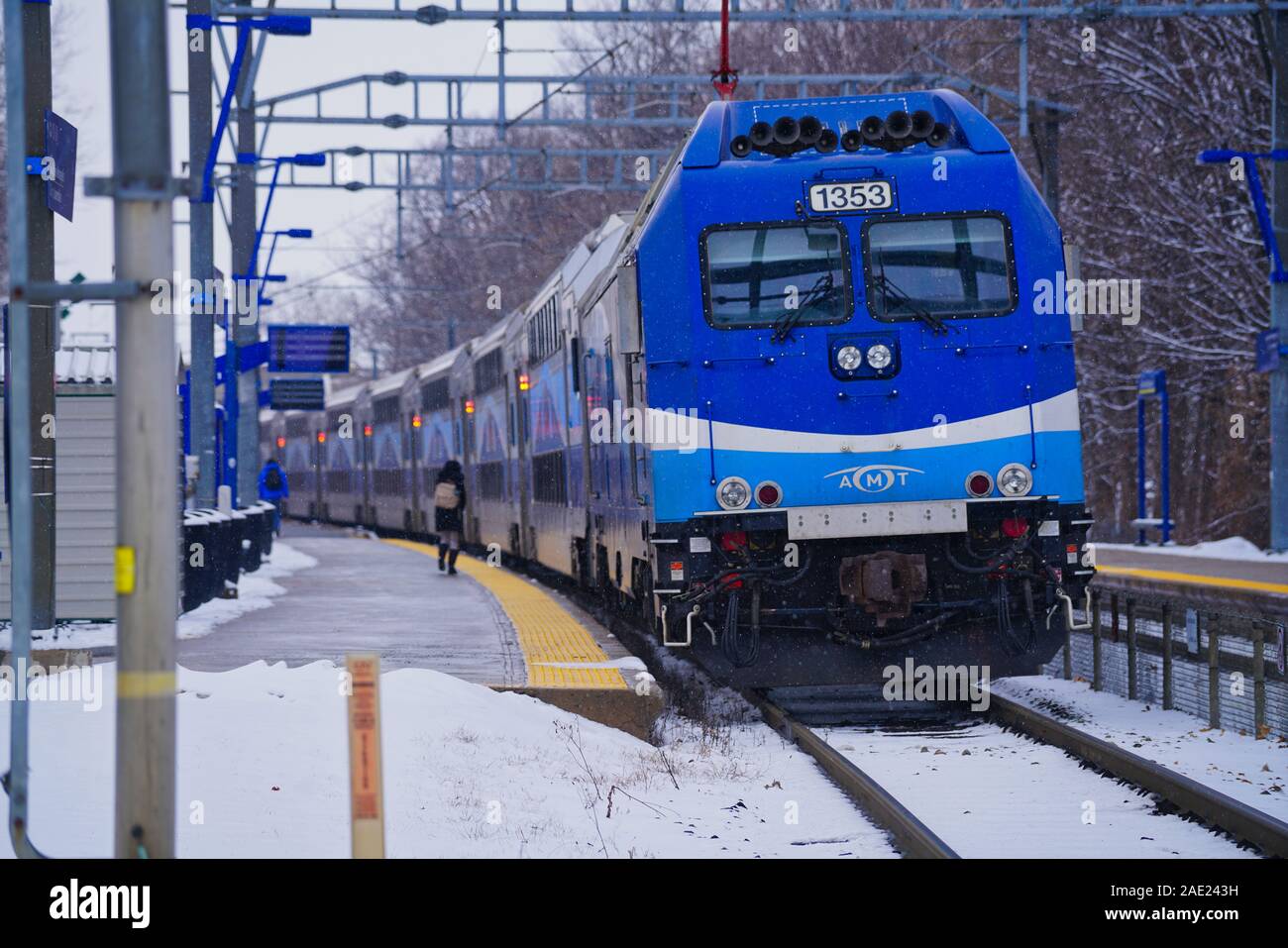 DeuxMontagnes,Quebec,Canada,December 5,2019.EXO commuter train in Deux