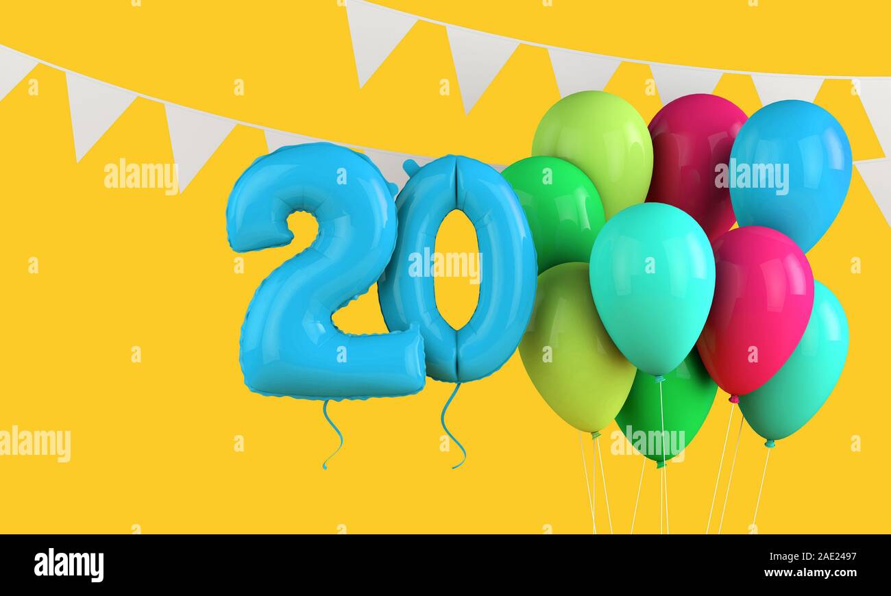 Happy 20th birthday colorful party balloons and bunting. 3D Render Stock Photo