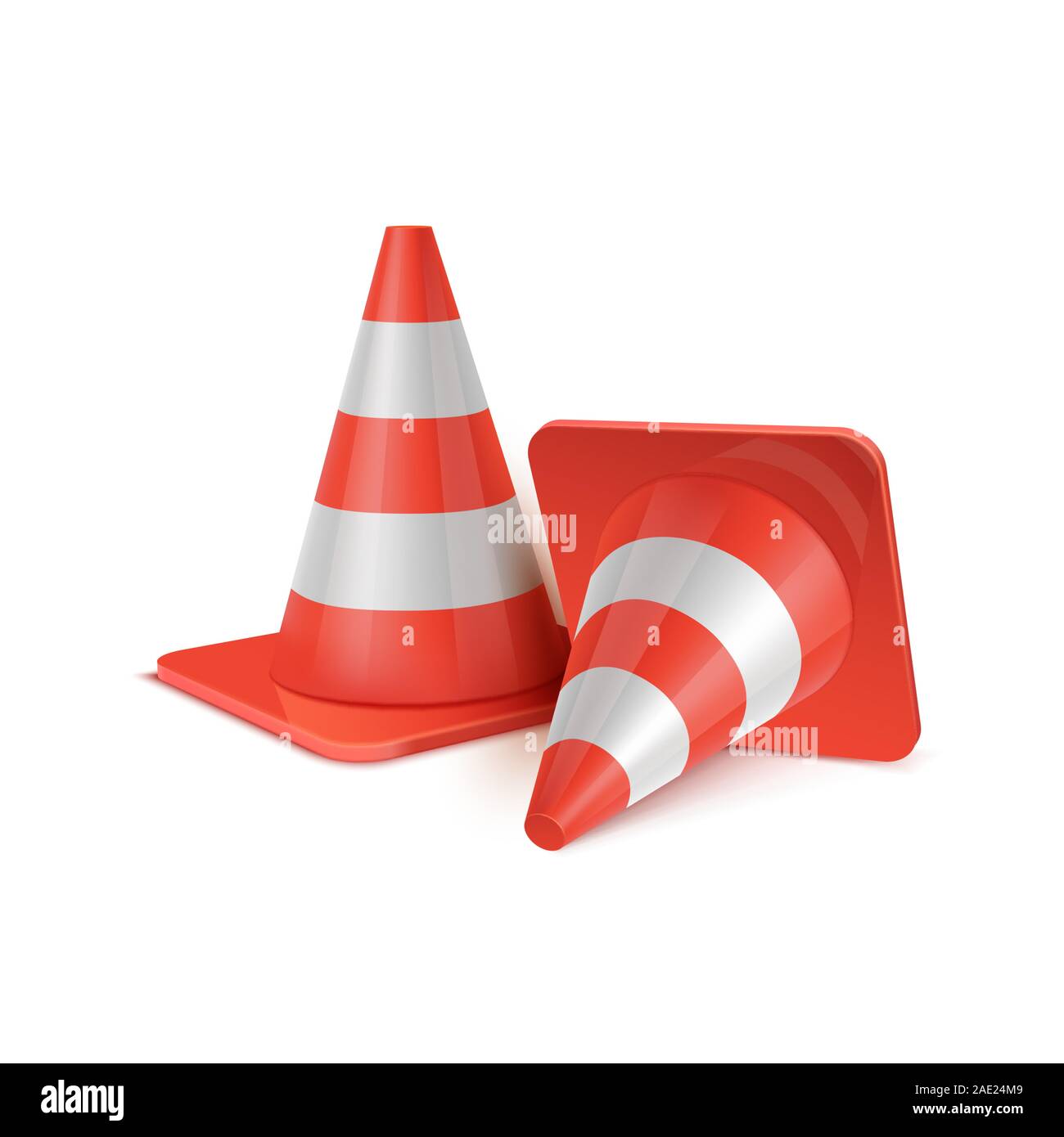 Realistic vector set of plastic road cones in various positions Stock