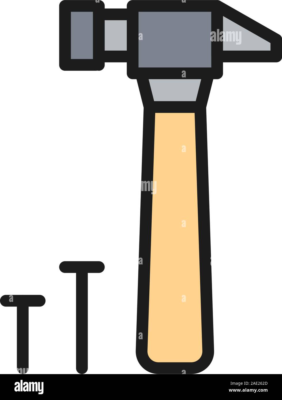 Hammer and nails, building tools flat color line icon. Stock Vector