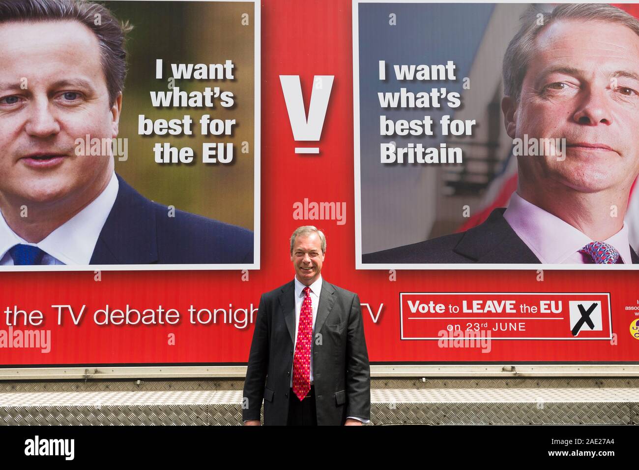 UKIP (UK Independence Party) Leader Nigel Farage launching a new anti European Union poster ahead of his debate with the Prime Minister, David Cameron Stock Photo