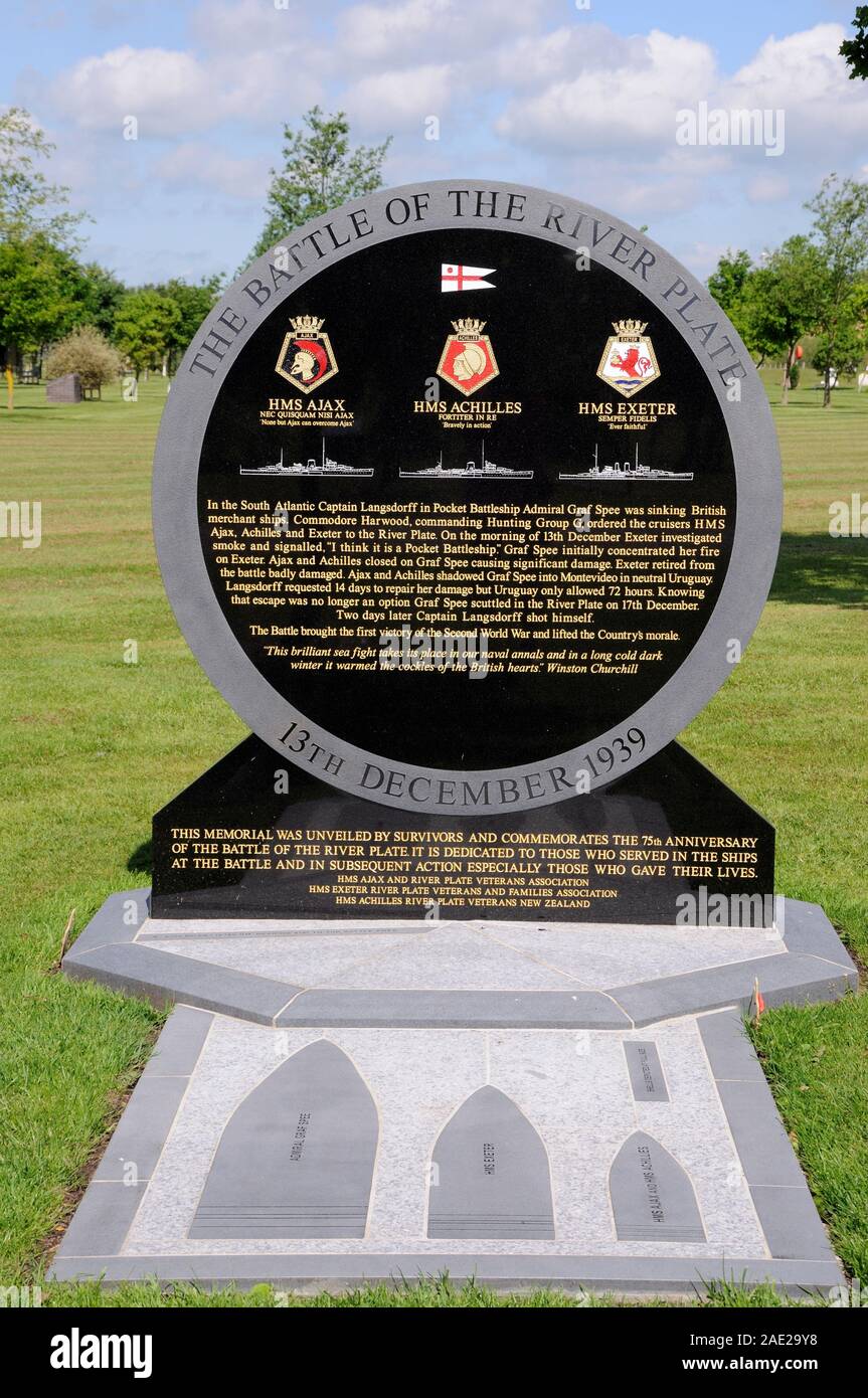Battle of the River Plate Memorial, National Memorial Arboretum, Alrewas, Staffordshire, UK. Stock Photo