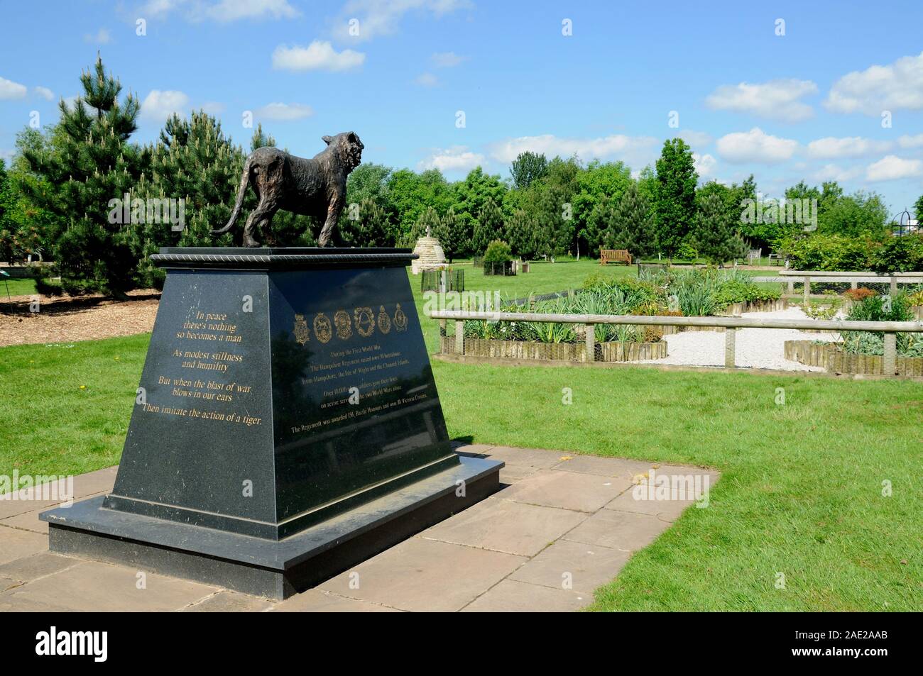 ALREWAS, UK - MAY 21, 2014 - The Hampshire Regiment Memorial, National Memorial Arboretum, Alrewas, Staffordshire, UK, May 21, 2014. Stock Photo