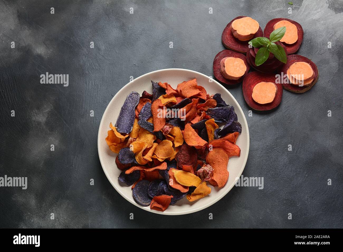 Baked vegetable chips sweet potato, purple sweet potato,carrot