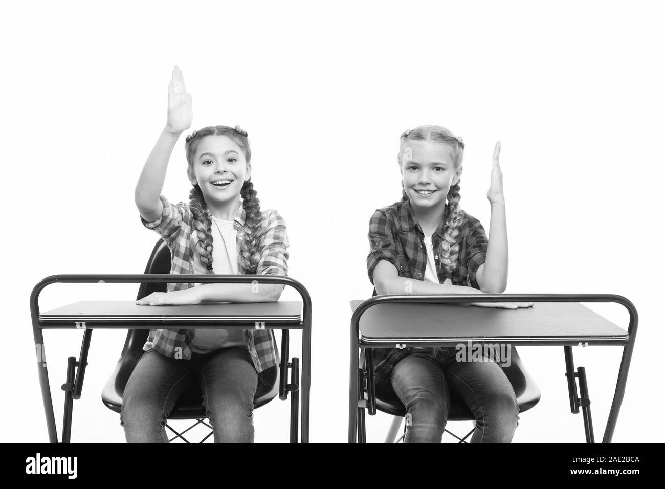 Free or private schooling. Little children enjoy home schooling. Small schoolgirls having compulsory schooling. Adorable kids with raised hands sitting at desks isolated on white. Schooling years. Stock Photo