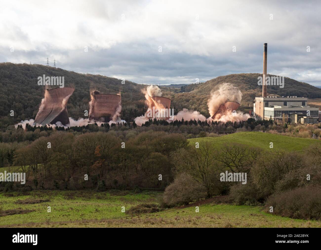 The demolition of the Cooling Towers at Ironbridge Power station in Shropshire, England. Stock Photo