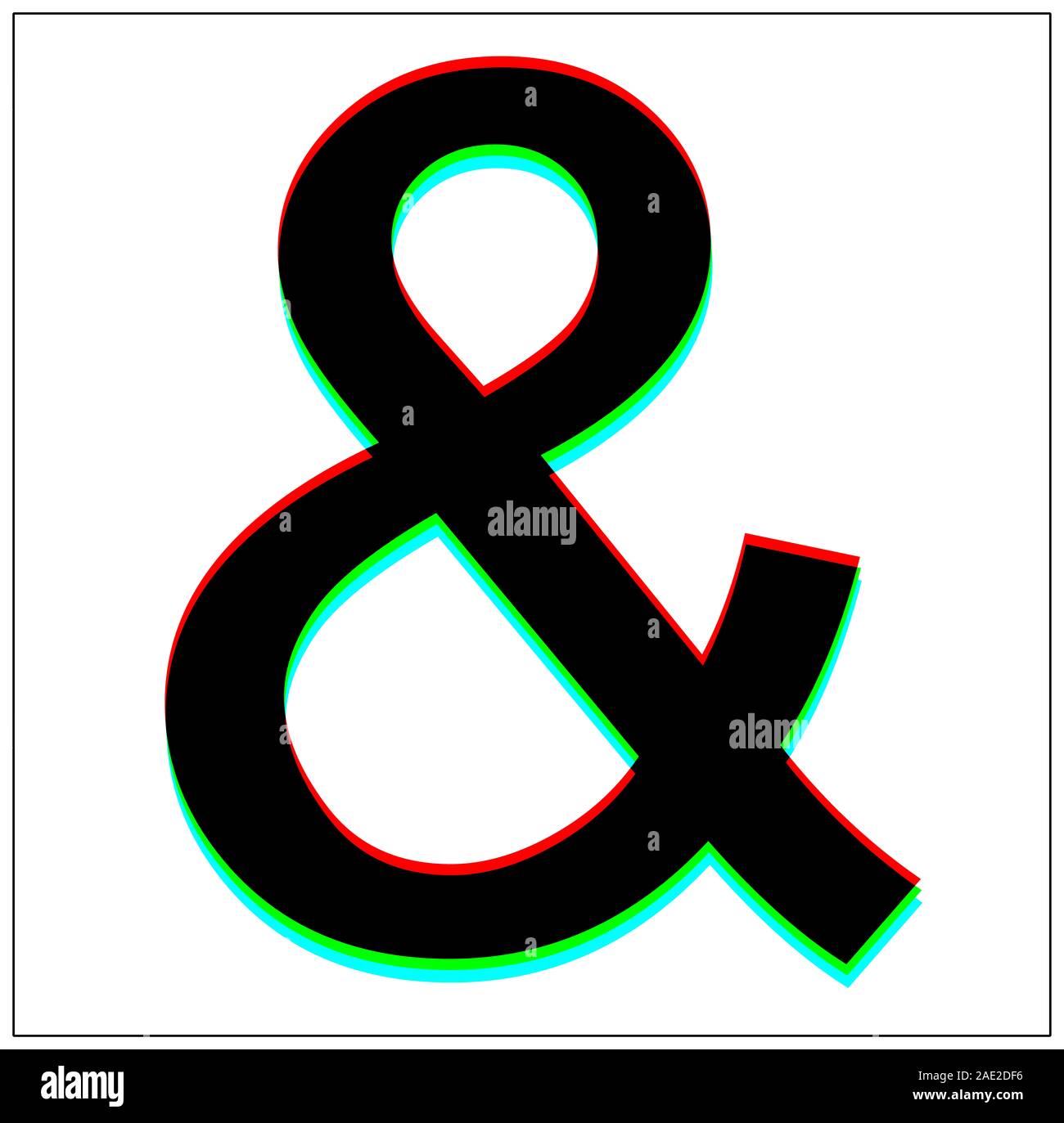 Ampersand sign. Dynamic, split-color design and black font, blue, green, red shadow. in black thin frame and on white background. Stock Photo