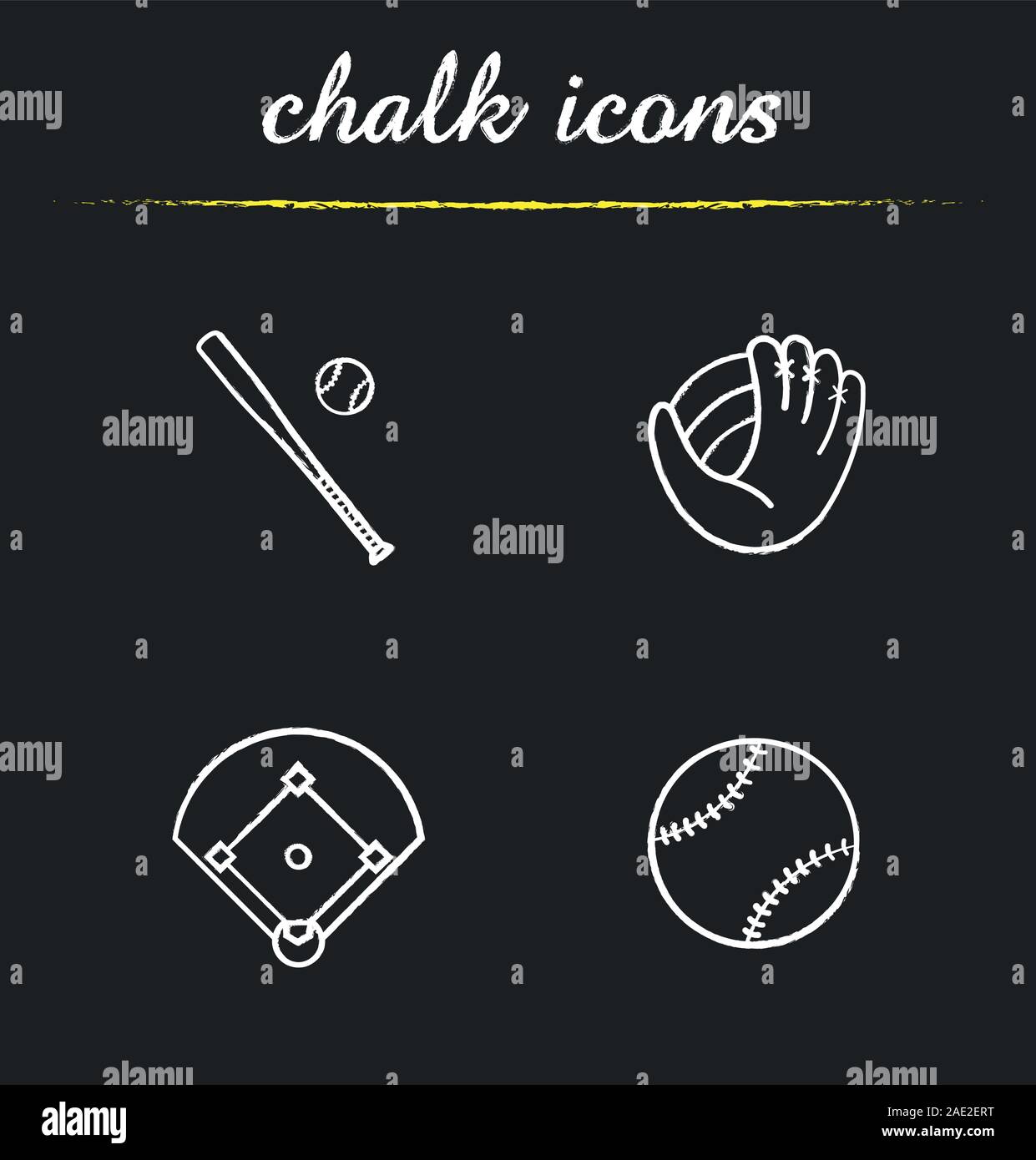 Baseball chalk icons set. Bat and ball, mitt, field. Softball equipment