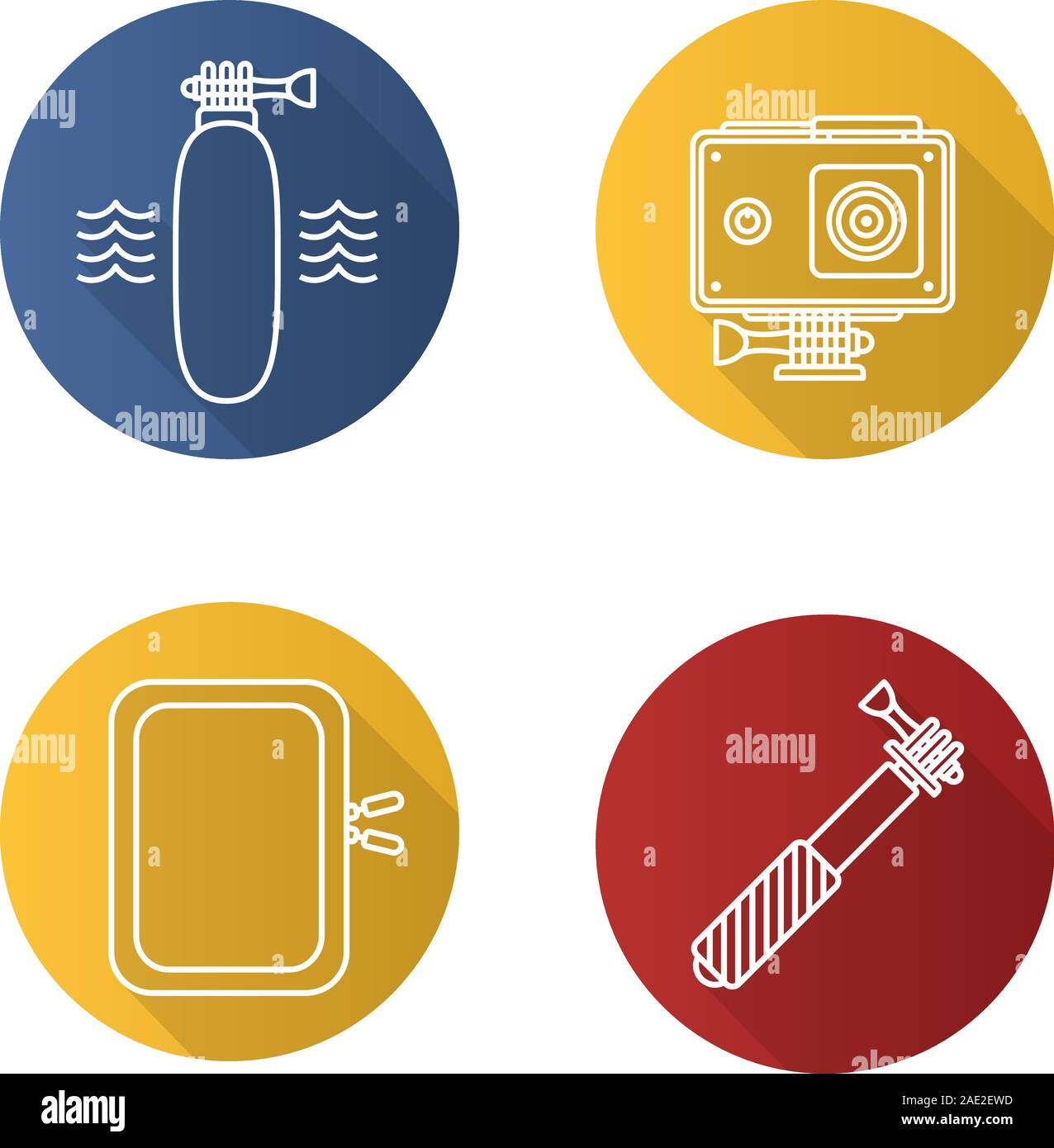 Action camera flat linear long shadow icons set. Floating grip, gadget protective case, monopod. Vector line illustration Stock Vector