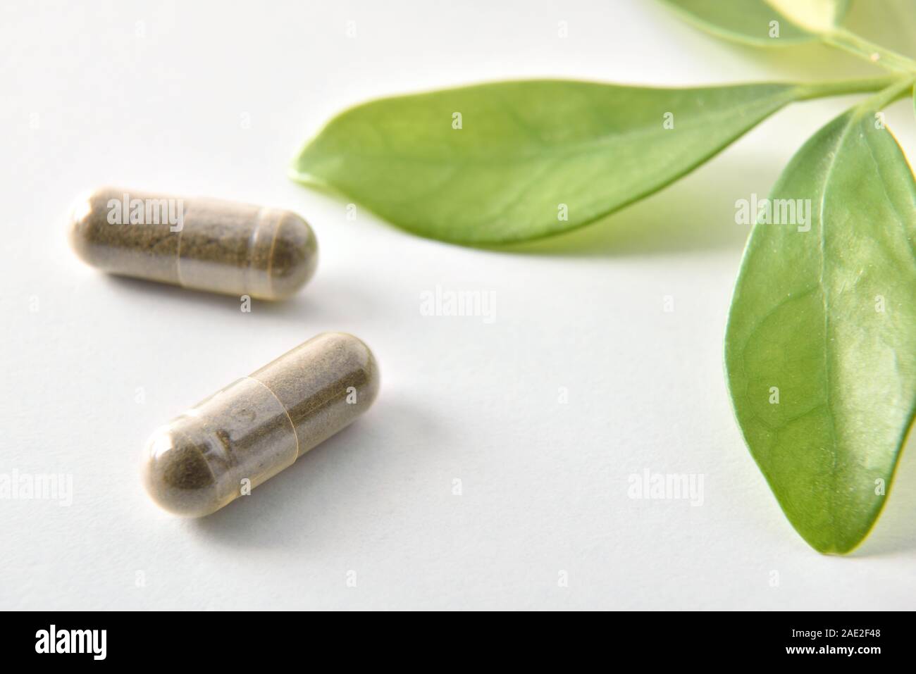 Two natural medicine capsules and plant on white table. Natural medicine concept. Elevated view. Horizontal composition. Stock Photo