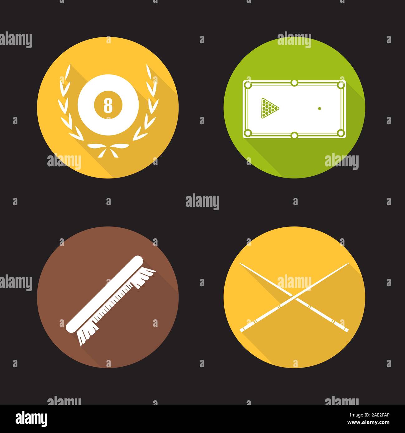 Billiard equipment flat design long shadow icons set. Billiard brush ...