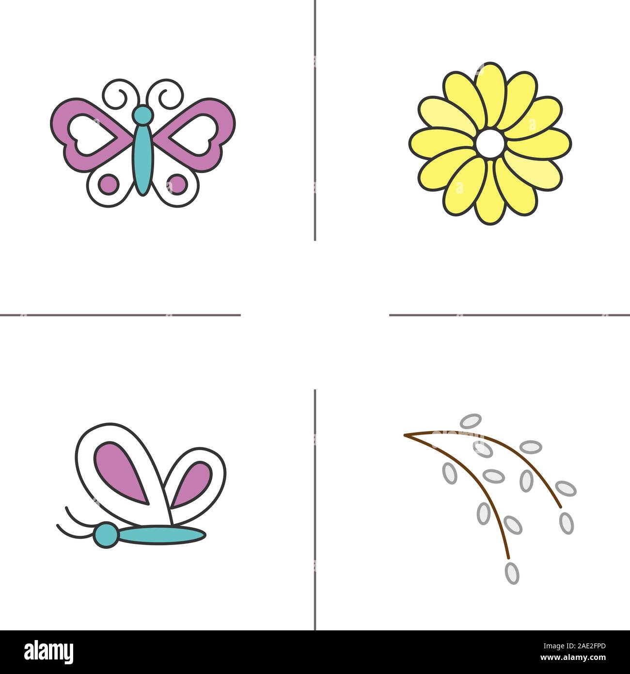 Spring color icons set. Butterflies, aster flower, willow blossom. Nature. Isolated vector illustrations Stock Vector