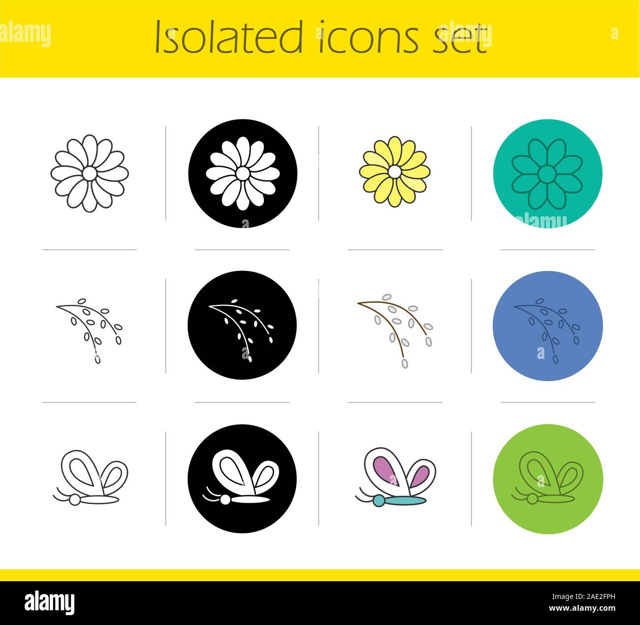 Spring icons set. Linear, black and color styles. Butterfly, aster flower, willow blossom. Nature. Isolated vector illustrations Stock Vector