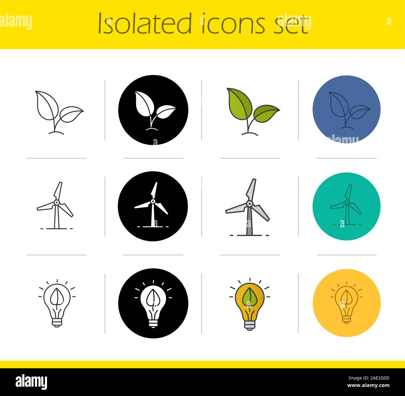 Eco energy icons set. Linear, black and color styles. Growing plant, windmill, eco concept. Isolated vector illustrations Stock Vector