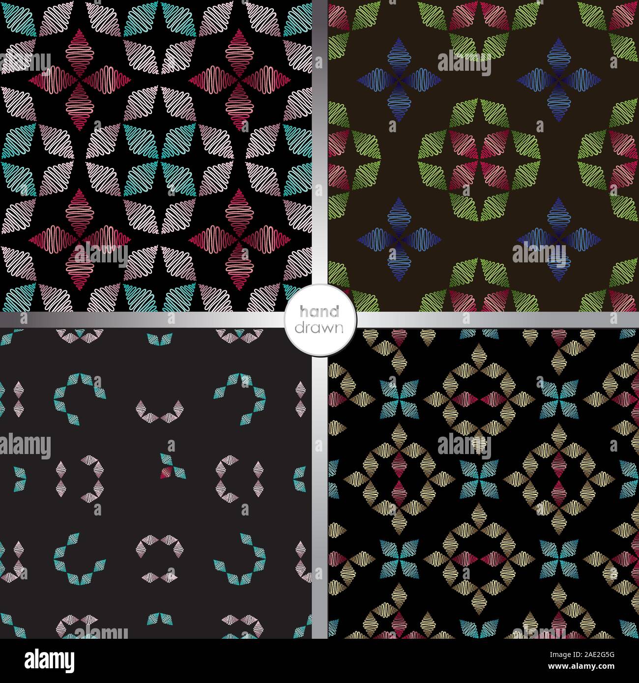 Hand drawn ornamental seamless patterns. Vector abstract colorful shiny background. Stock Vector