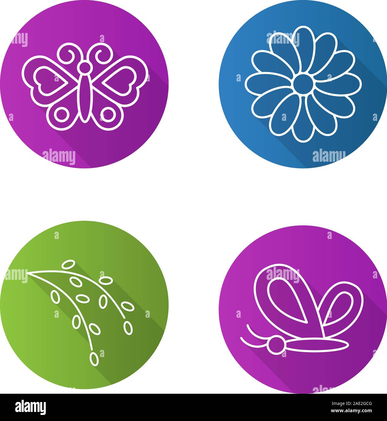 Spring flat linear long shadow icons set. Butterflies, camomile flower, willow blossom. Nature. Vector line illustration Stock Vector