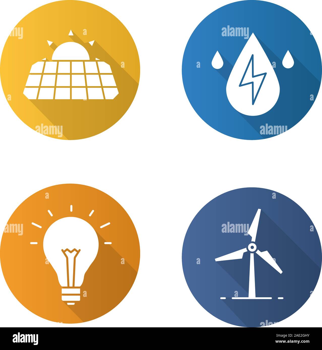 Eco energy flat design long shadow icons set. Solar panels, windmill ...