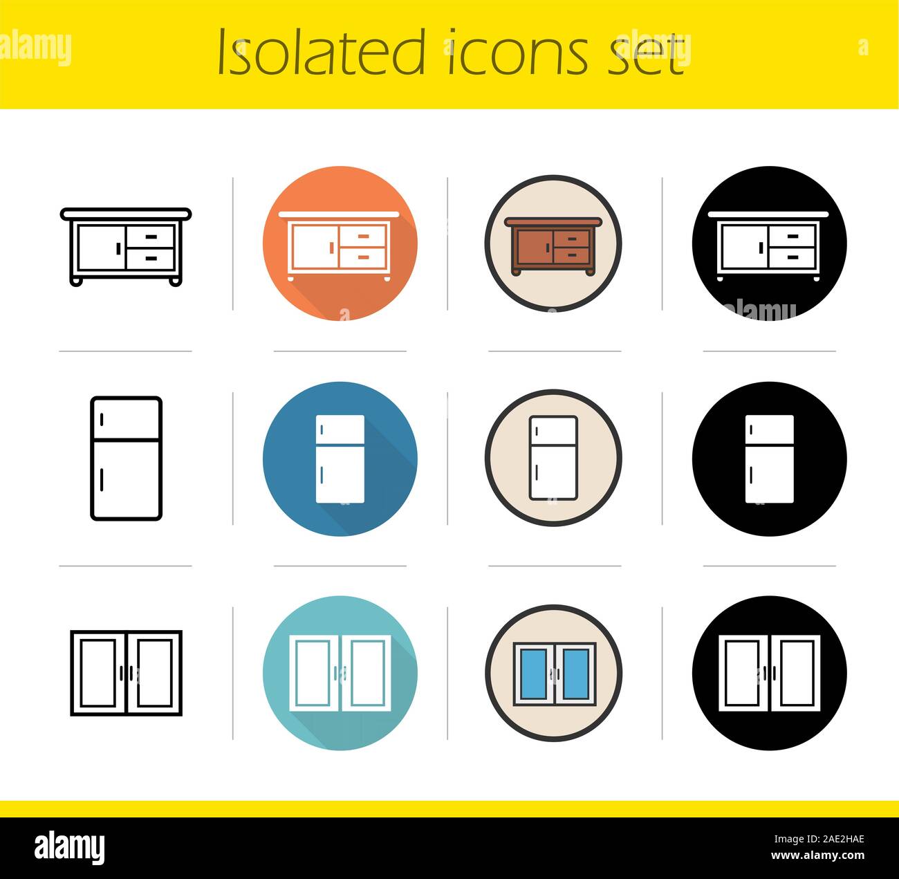 Kitchen interior icons set. Flat design, linear, black and color styles ...
