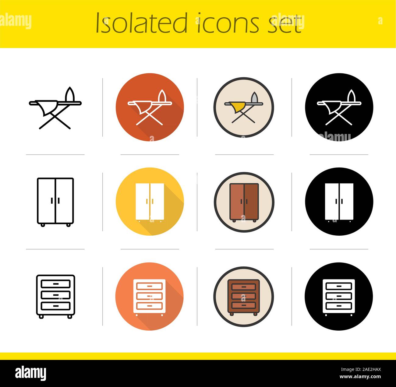 Furniture Icons Set Flat Design Linear Black And Color Styles