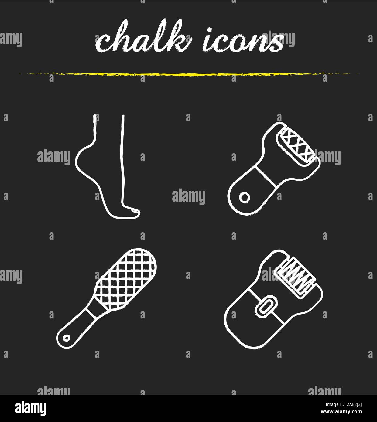 Feet care chalk icons set. Woman's foot, file, rasp, epilator. Isolated