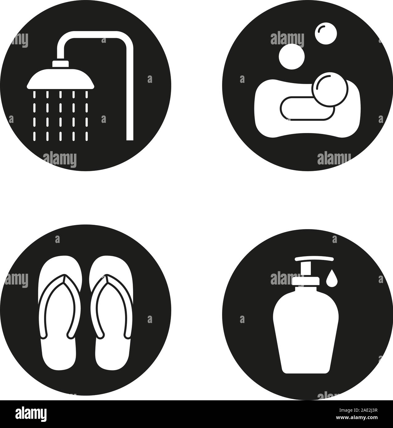 Spa salon icons set. Spa salon shower, flip flops, sponge with bubbles, shower gel with drop. Vector white silhouettes illustrations in black circles Stock Vector