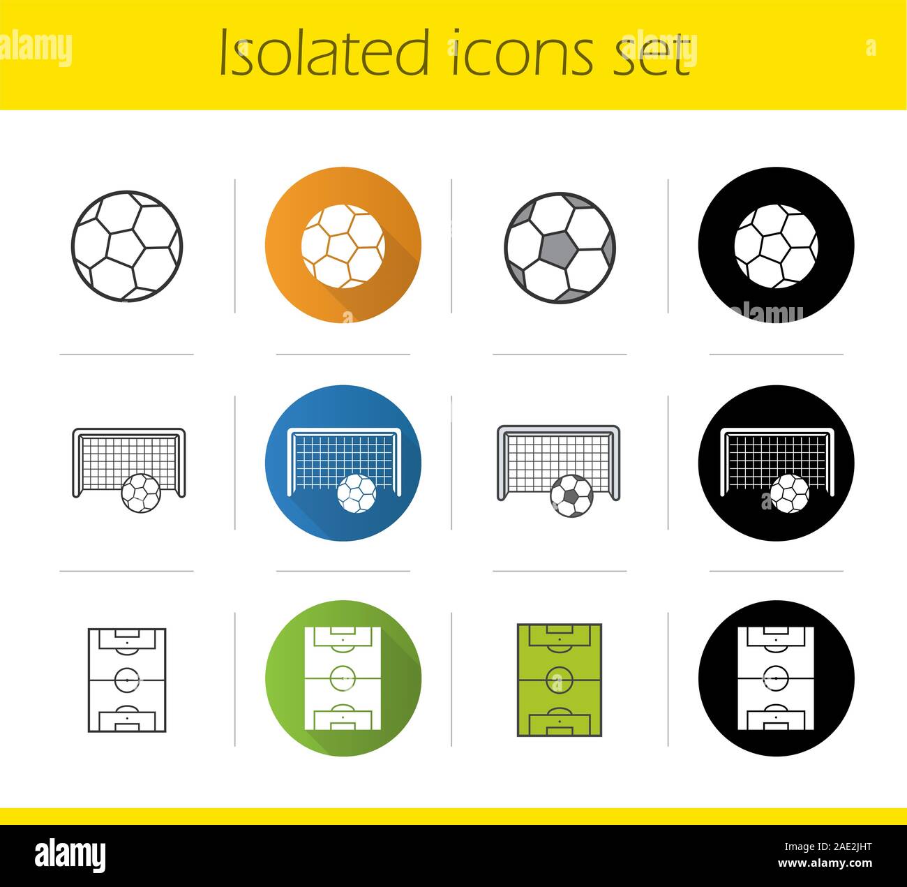 Soccer icons set. Flat design, linear, black and color styles. Football ...