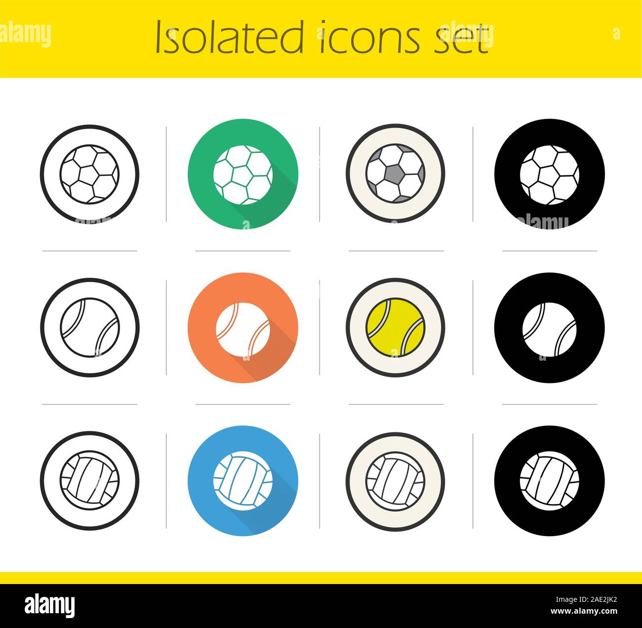 Sport balls icons set. Flat design, linear, black and color styles ...