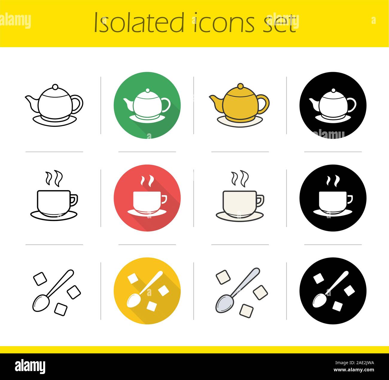 Tea icons set. Flat design, linear, black and color styles. Brewing teapot, steaming cup on plate, teaspoon with sugar cubes. Isolated vector illustra Stock Vector