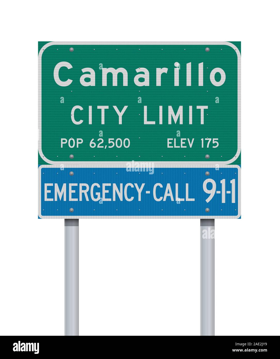Vector illustration of the Camarillo City Limit green road sign and Emergency Call 9-1-1 blue road sign Stock Vector