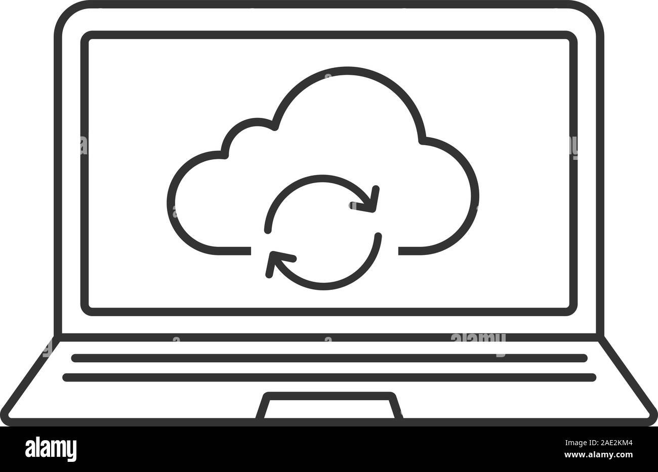 Laptop cloud computing linear icon. Thin line illustration. Notebook with web storage refresh arrows contour symbol. Vector isolated outline drawing Stock Vector