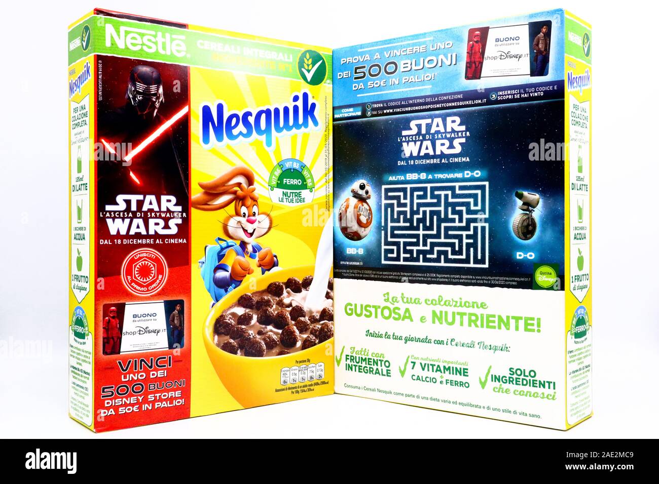 NESQUIK Nestlé promotional Cereals box for the movie STAR WARS The Rise of Skywalker Stock Photo