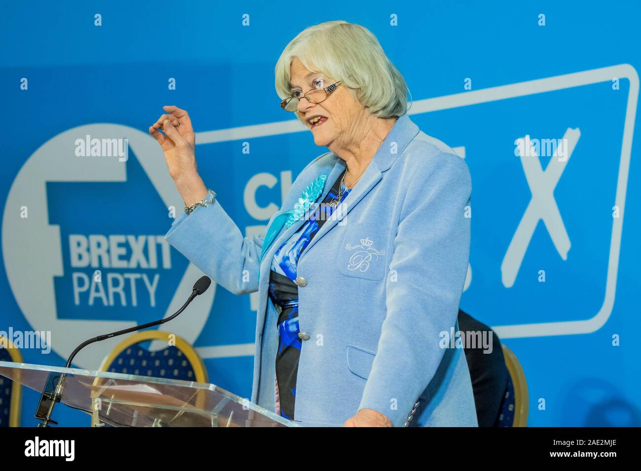 London, UK. 06th Dec, 2019. Ann Widdicombe unveils the party’s defence and veteran’s policy at the Emmanuel Centre, Marsham Street. Nigel Farage is a no show having done too many interviews on the defections (according to a spokesman) Credit: Guy Bell/Alamy Live News Stock Photo