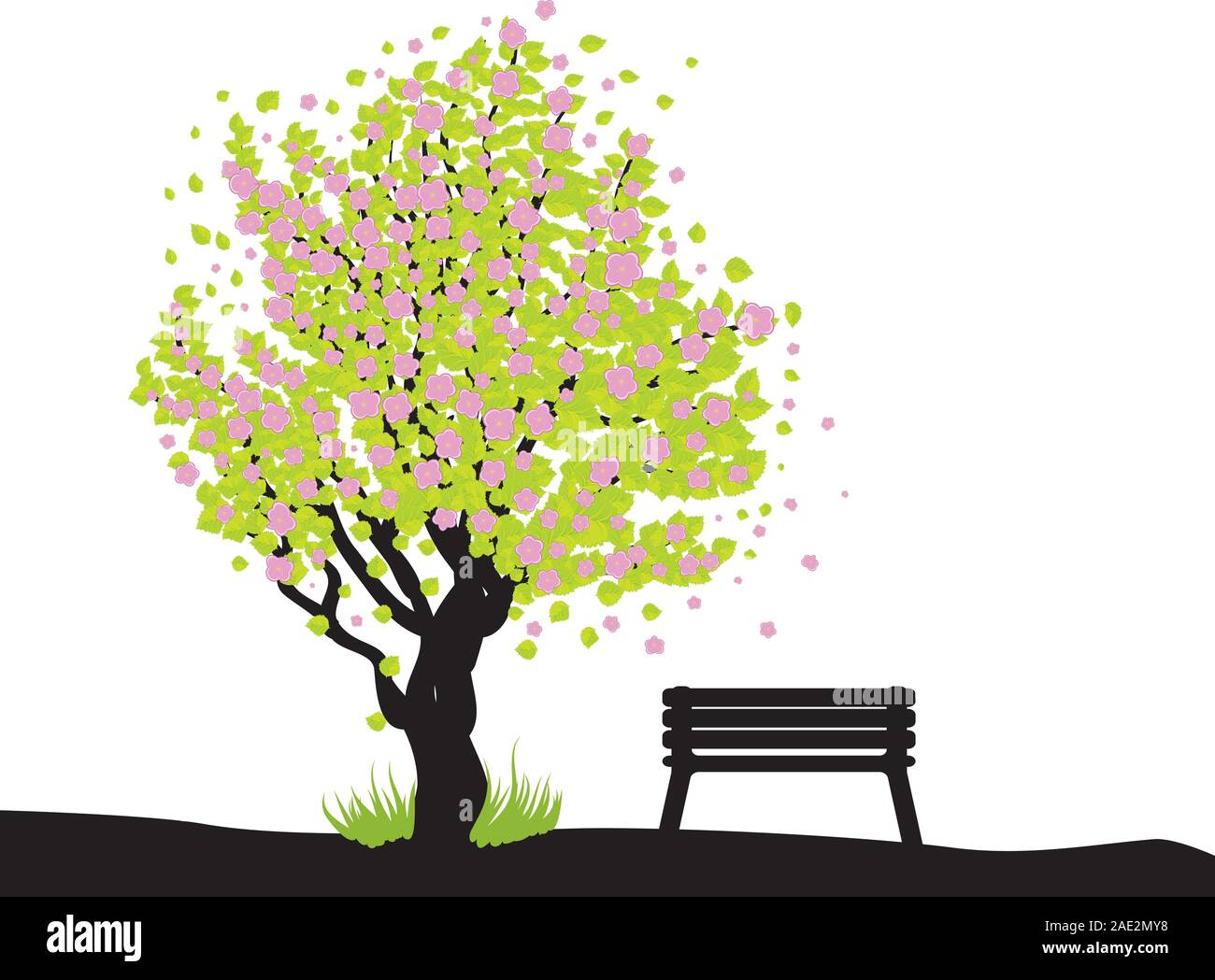 Illustration of cherry with pink blossom, sakura tree and bench. Stock Vector