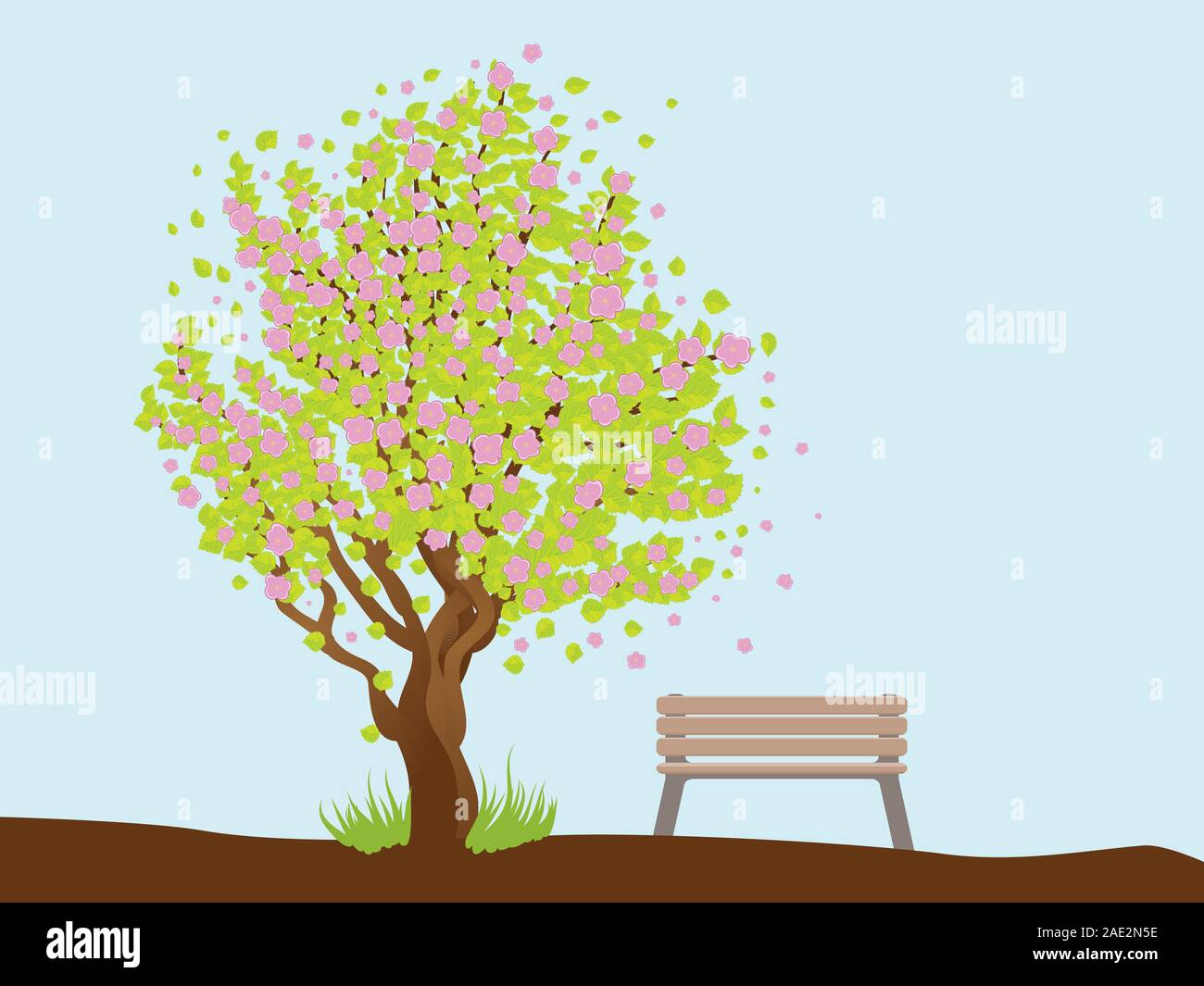 Illustration of cherry with pink blossom, sakura tree and bench. Stock Vector