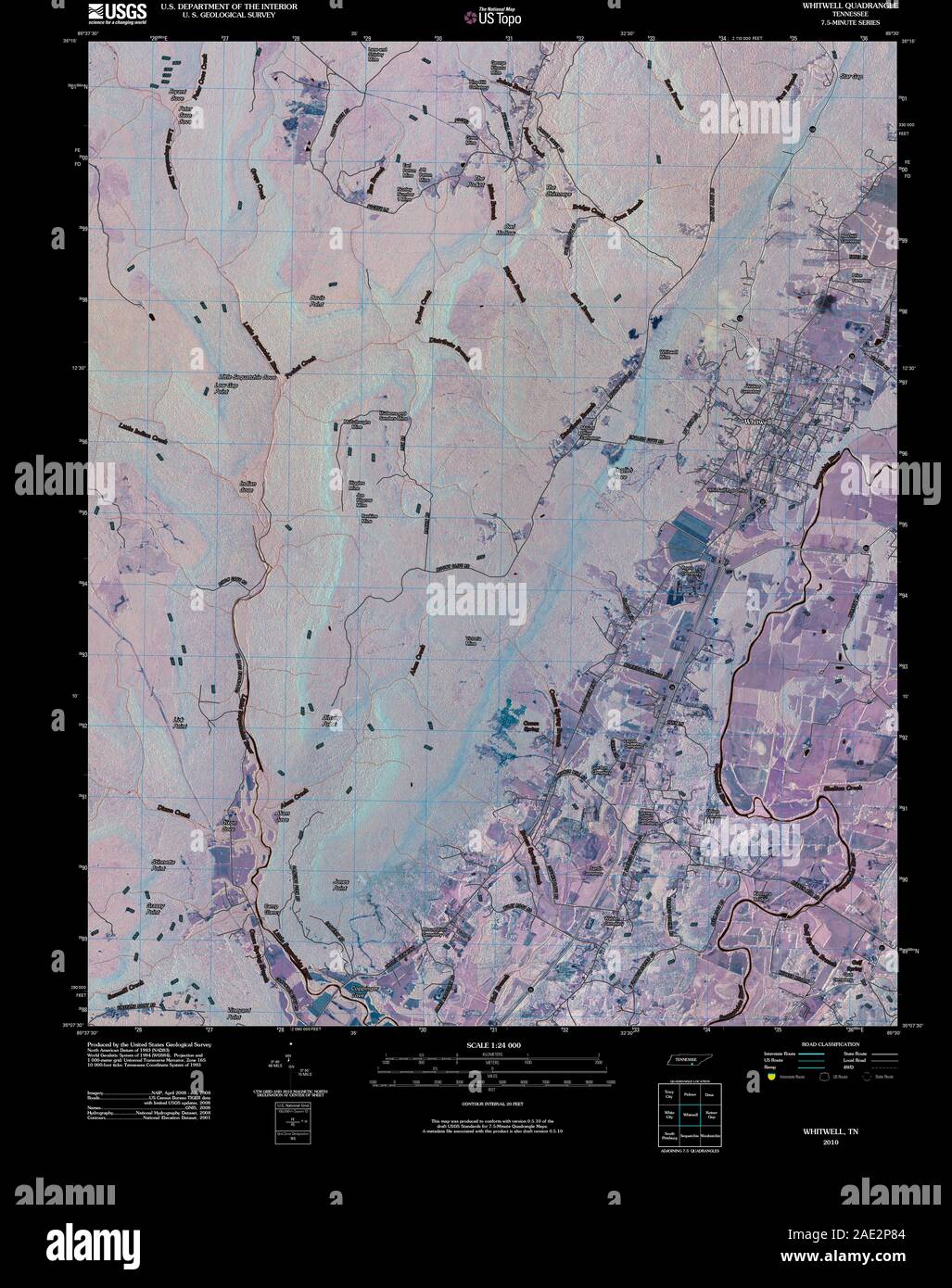 USGS TOPO Map Tennessee TN Whitwell 20100504 TM Inverted Restoration Stock Photo