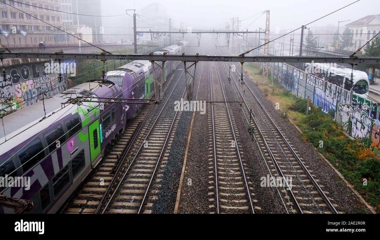 Empty railway tracks during SNCF strike, Lyon, France Stock Photo