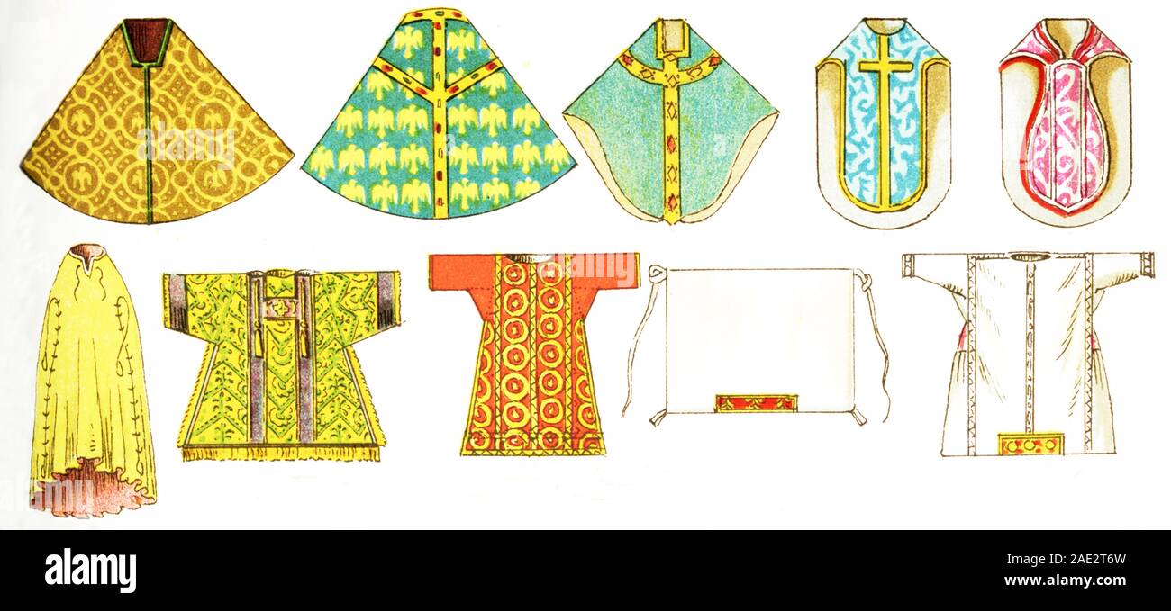 Shown in this image are a variety of ecclesiastical costumes related to the Christian Church. They are, from left to right, top to bottom: chausable from the 10th century, chausable from 11th century, chausable from 14th century, chausable from 15th century, chausable from 1880s, chausable from 11th century, dalmatic from 15th century, tunic from 12th century, alb from 14th century, humeral veil (usage began in 11th century). The illustration dates to 1882. Stock Photo