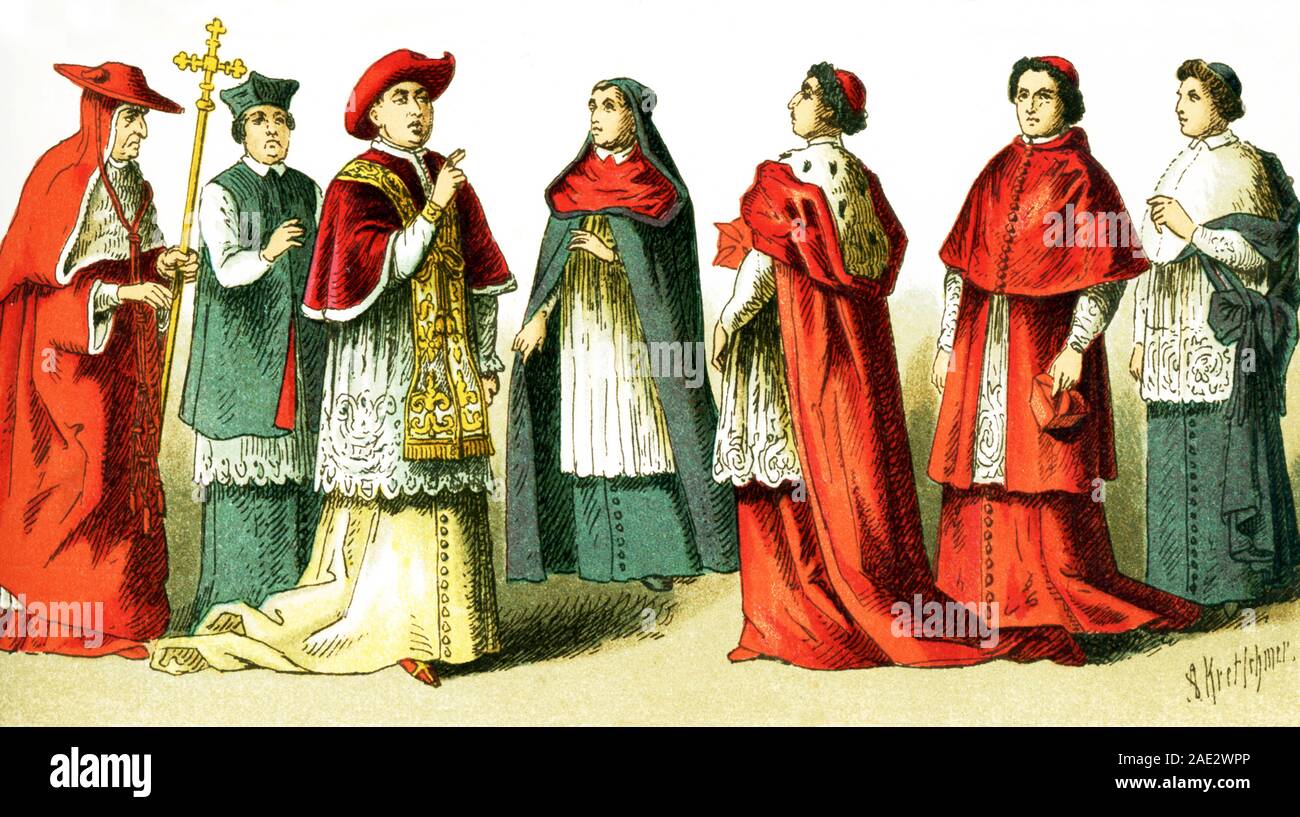 The images here all feature ecclesiastical Costume, from the 11th century through the 19th century. They are from left to right: the Cappa Magna of a cardinal, short mantle, the pope, the Cappa Magna for a bishop, the Cappa Magna for a cardinal, a cardinal, Cappa Magna of a Bishop. The illustration dates to 1882. Stock Photo