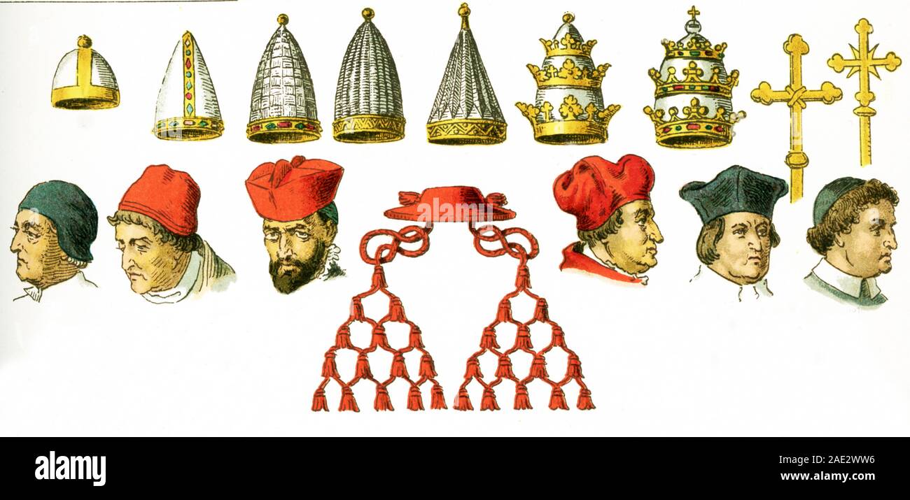 The images here all feature ecclesiastical Costume, from the 11th century through the 19th century. They are from left to right, top to bottom: a Pope’s tiara from the 11th century, four Pope’s tiaras from the 12th century, a Pope’s tiara from the 14th century, a Pope’s tiara from the 16th century, two Pontifical crosses, a calotte from the 15th century, a skull cap from the 15th century, a biretta from the 16th century, a Cardinal’s hat at the end of the 16th century, and Soli Dei. The illustration dates to 1882. Stock Photo