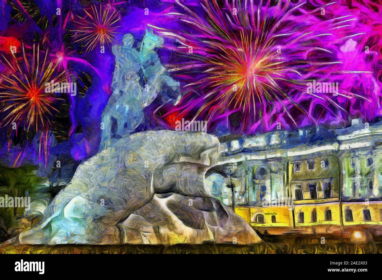 Picture- New Year fireworks over 'Bronze Horseman', Monument to tsar Peter 1, in Saint Petersburg, Russia, mixed media Stock Photo