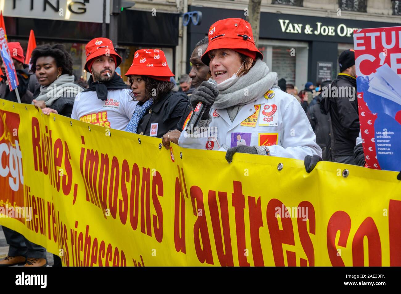PARIS, FRANCE, DECEMBER 05 2019 : a CGT (a french workers union) protester during a 'Gilets Jaunes' (Yellow Vests) protest. Stock Photo