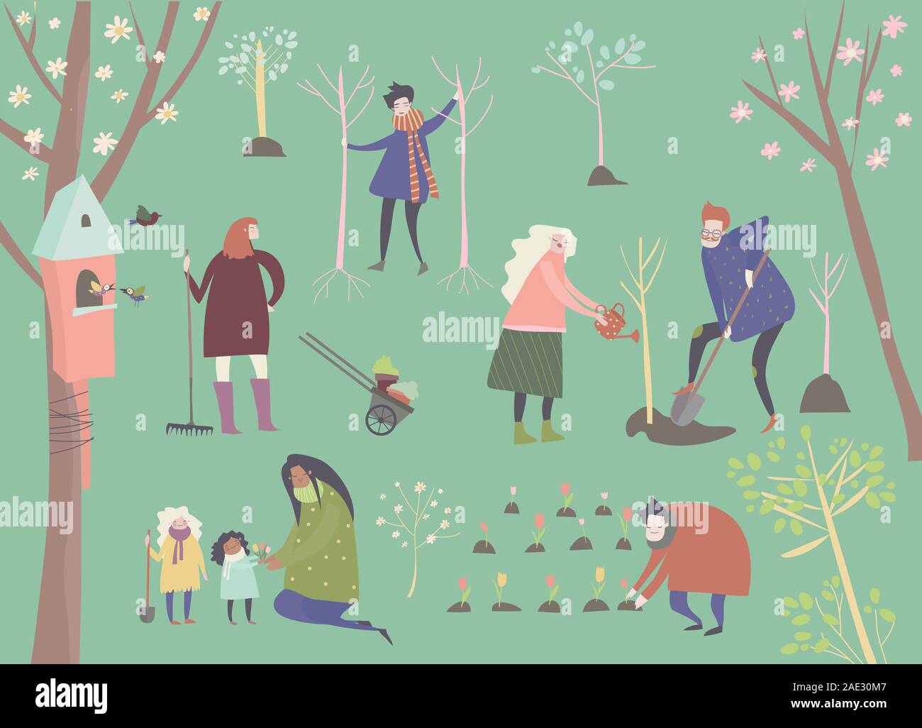 Cute cartoon people are gardening in spring park Stock Vector
