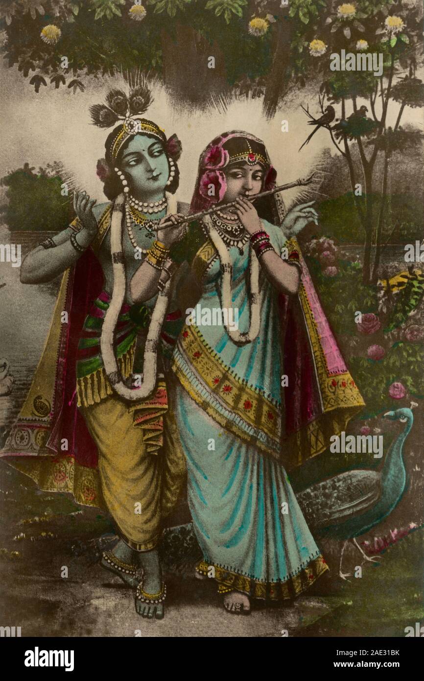 21 Dec 2010 Vintage Hand Tinted painting of Radhe sham Lord Krishna & Radhika Stock Photo