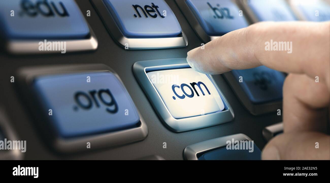 Finger pushing a button on a conceptual dashboard with domain extensions. Composite image between a finger photography and a 3D background. Stock Photo